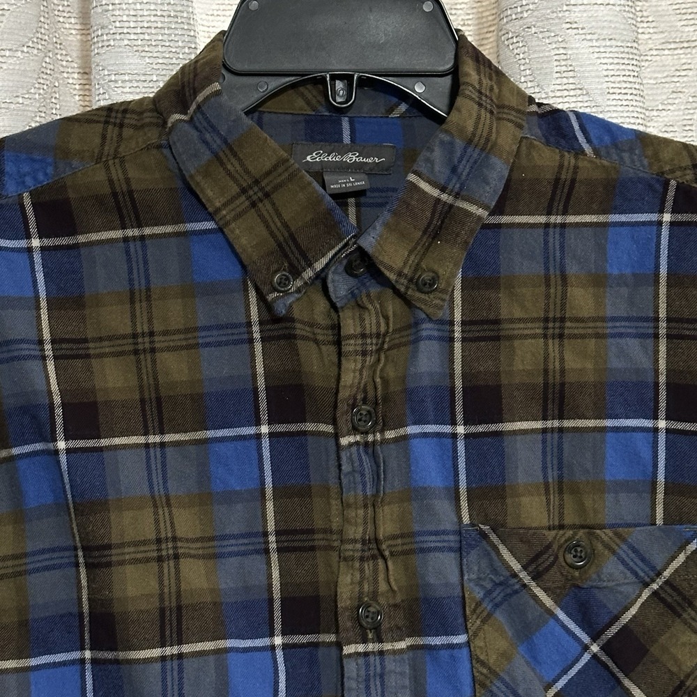 Eddie Bauer Olive Green and Blue Plaid Button-Down Shirt